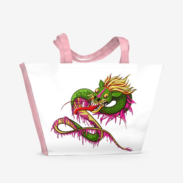 Пляжная сумка &laquo;Год дракона. Розово-зелёный яркий дракон.&raquo;