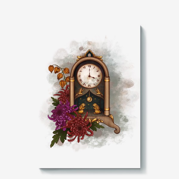Холст «Сказочные часы, хризантемы и физалис»