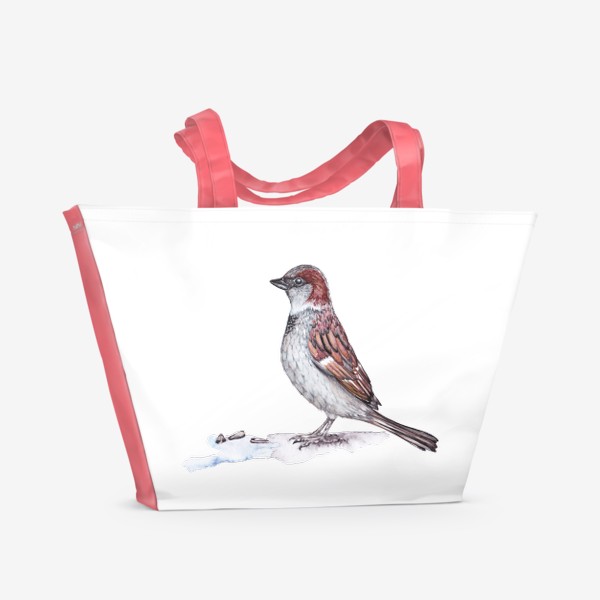 Пляжная сумка «Городская птица воробей с семечками Зимний мотив Воробушек Акварель»
