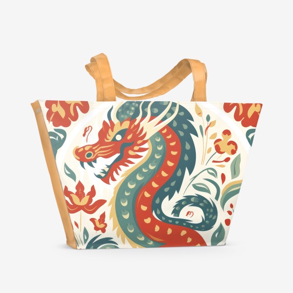 Пляжная сумка «Дракон с цветочными народными узорами. 2024»