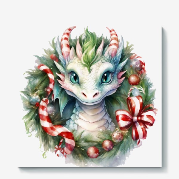 Холст «Дракончик с конфетными рожками выглядывает из рождественского венка. Год Дракона 2024. Акварель»