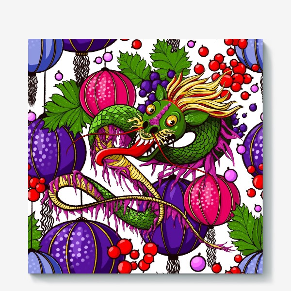 Холст «Дракончик, ягоды и китайские фонарики. Год дракона»