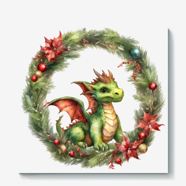 Холст «Зеленый дракончик в рождественком венке, акварель. Новый год 2024»
