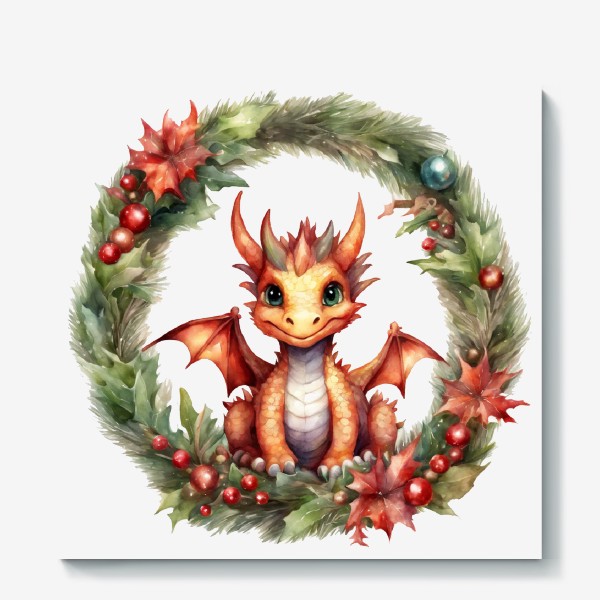 Холст «Оранжевый маленький дракон в рождественском венке. Новый год 2024»