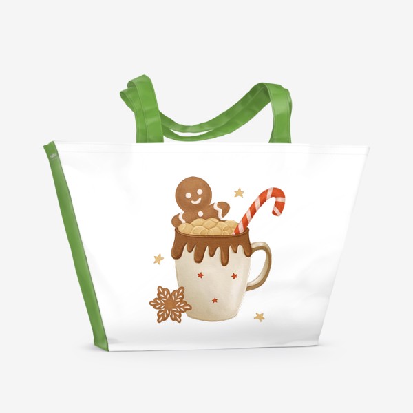 Пляжная сумка «Кружка кофе с маршмеллоу и имбирным пряником»