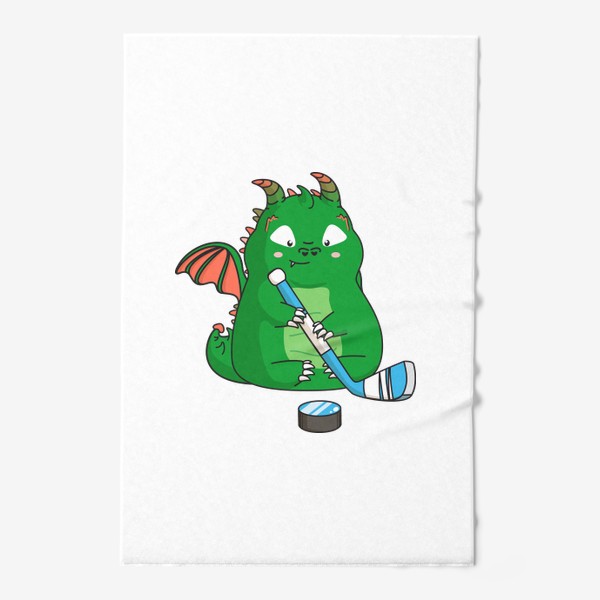 Полотенце «забавный зеленый дракон с клюшкой и шайбой»