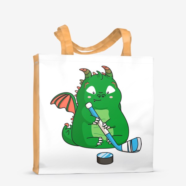 Сумка-шоппер «забавный зеленый дракон с клюшкой и шайбой»
