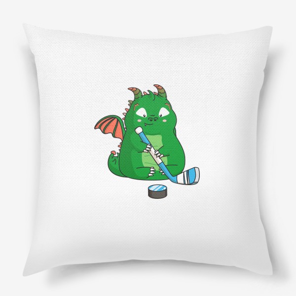 Подушка «забавный зеленый дракон с клюшкой и шайбой»