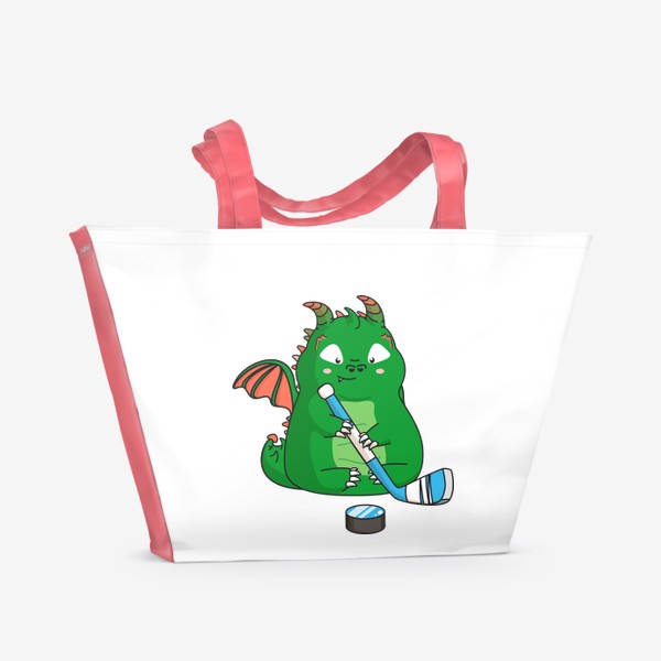 Пляжная сумка «забавный зеленый дракон с клюшкой и шайбой»