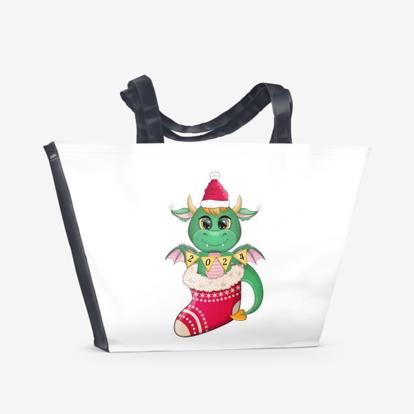 Пляжная сумка «Дракончик в новогоднем носочке с надписью 2024. Год дракона 2024»
