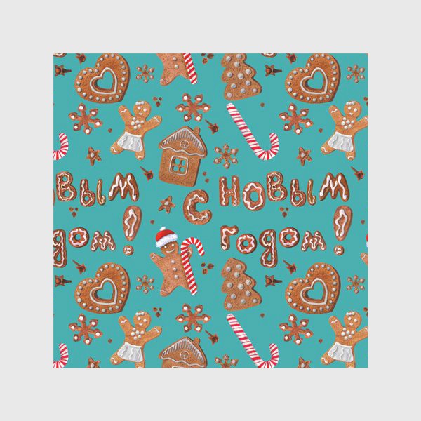 Скатерть «паттерн имбирные печеньки с надписью с новым годом на изумрудном фоне»