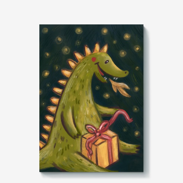 Холст «Веселый дракон и подарок. Новый год 2024. Пастель»