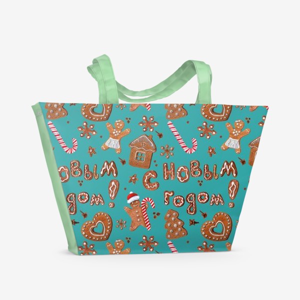 Пляжная сумка «паттерн имбирные печеньки с надписью с новым годом на изумрудном фоне»
