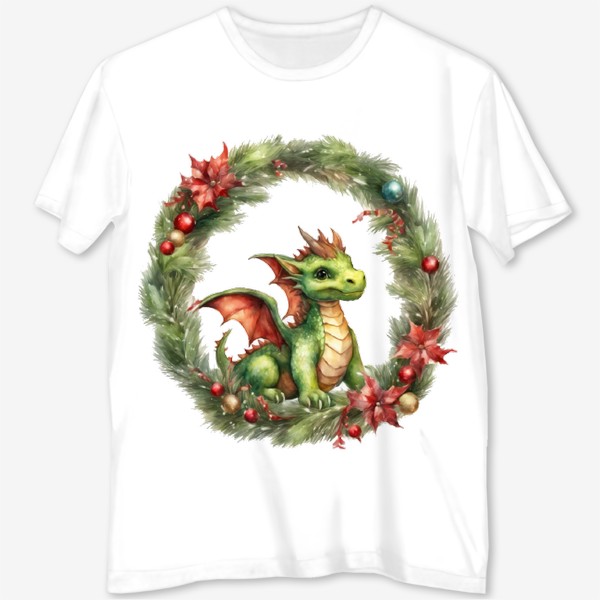 Футболка с полной запечаткой &laquo;Зеленый дракончик в рождественком венке, акварель. Новый год 2024&raquo;