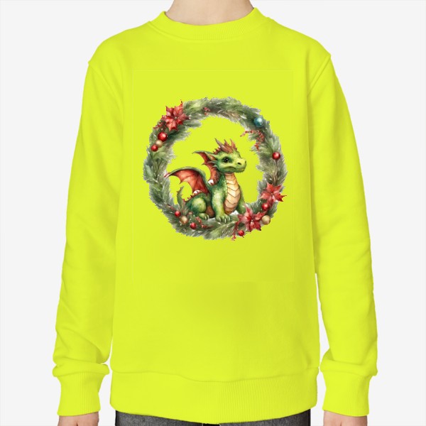 Свитшот «Зеленый дракончик в рождественком венке, акварель. Новый год 2024»