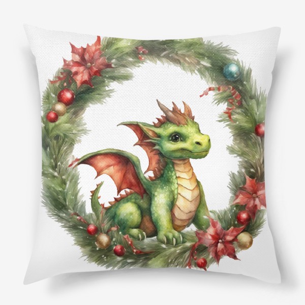 Подушка &laquo;Зеленый дракончик в рождественком венке, акварель. Новый год 2024&raquo;