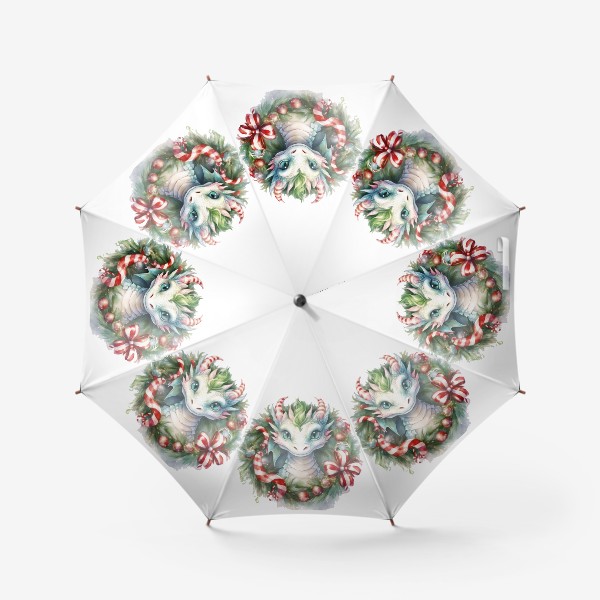 Зонт «Дракончик с конфетными рожками выглядывает из рождественского венка. Год Дракона 2024. Акварель»