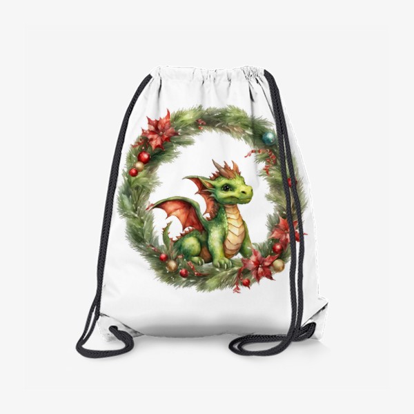 Рюкзак «Зеленый дракончик в рождественком венке, акварель. Новый год 2024»