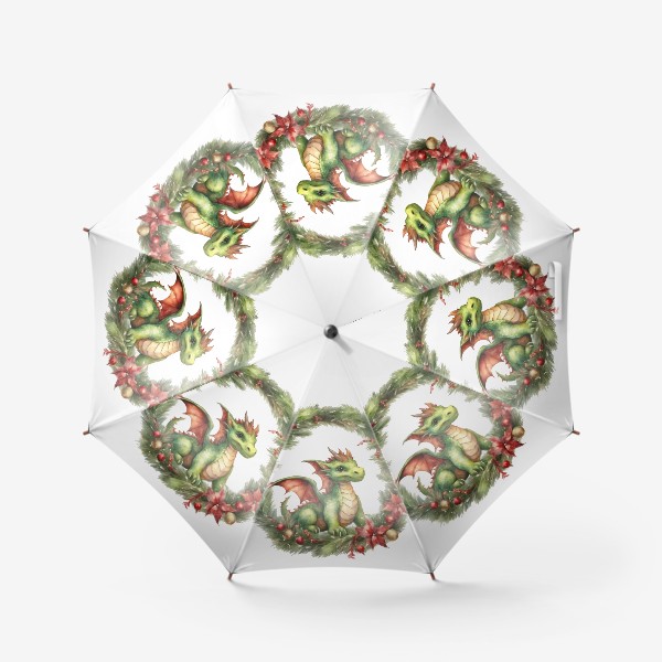 Зонт «Зеленый дракончик в рождественком венке, акварель. Новый год 2024»