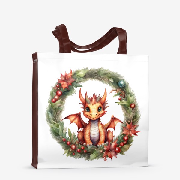 Сумка-шоппер «Оранжевый маленький дракон в рождественском венке. Новый год 2024»