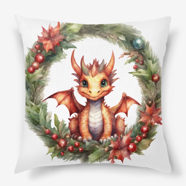 Подушка «Оранжевый маленький дракон в рождественском венке. Новый год 2024»