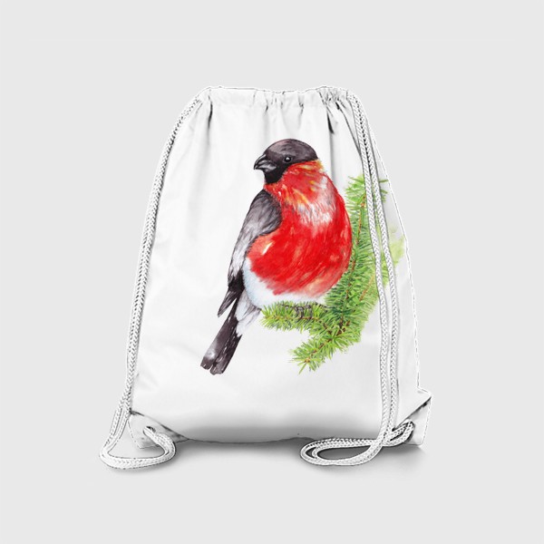 Рюкзак «Лесная птица снегирь на ветке ели Зимний мотив Акварель»