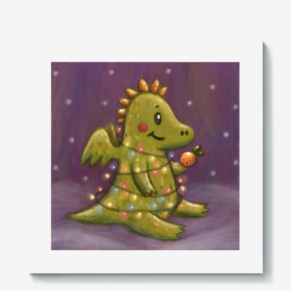 Холст «Милый дракон с мандарином в гирлянде. Новый год. Пастель»