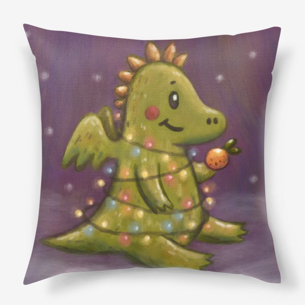 Подушка «Милый дракон с мандарином в гирлянде. Новый год. Пастель»