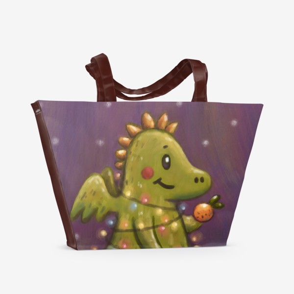 Пляжная сумка «Милый дракон с мандарином в гирлянде. Новый год. Пастель»