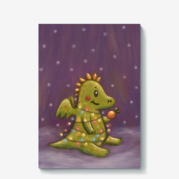Холст «Милый дракон с мандарином в гирлянде. Новый год. Пастель. Вертикаль»