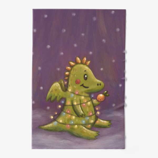 Полотенце «Милый дракон с мандарином в гирлянде. Новый год. Пастель. Вертикаль»