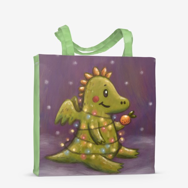 Сумка-шоппер «Милый дракон с мандарином в гирлянде. Новый год. Пастель. Вертикаль»