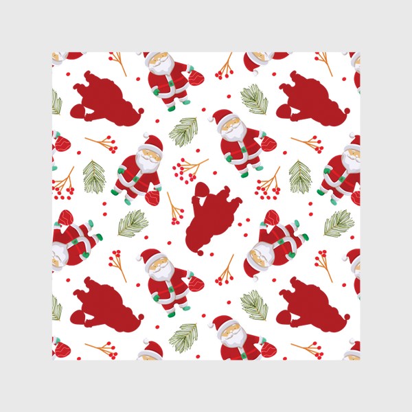 Шторы «Узор с забавным Санта Клаусом, еловыми ветками и ягодами  »