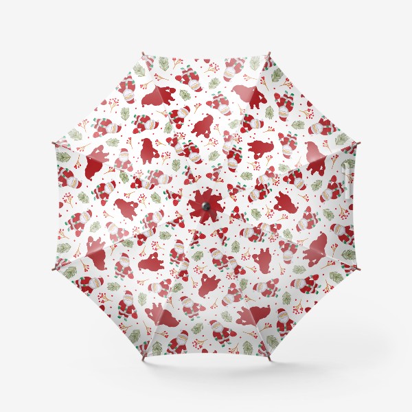 Зонт «Узор с забавным Санта Клаусом, еловыми ветками и ягодами  »