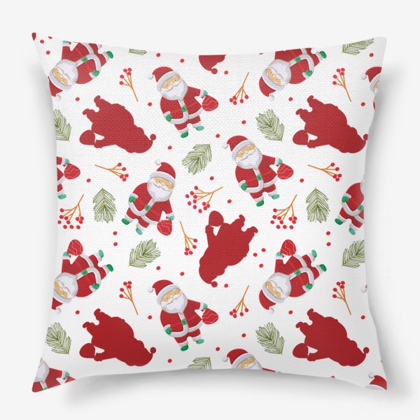 Подушка «Узор с забавным Санта Клаусом, еловыми ветками и ягодами  »