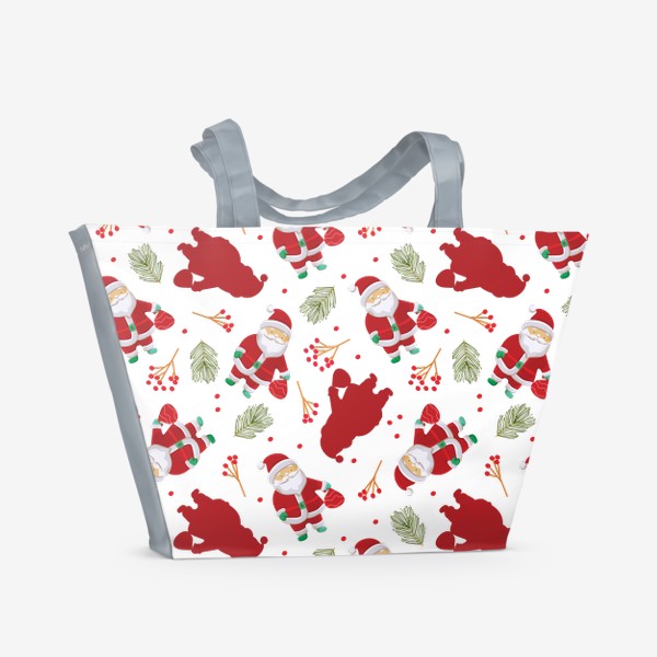 Пляжная сумка «Узор с забавным Санта Клаусом, еловыми ветками и ягодами  »