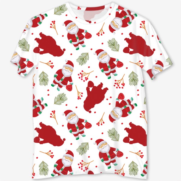 Футболка с полной запечаткой «Узор с забавным Санта Клаусом, еловыми ветками и ягодами  »
