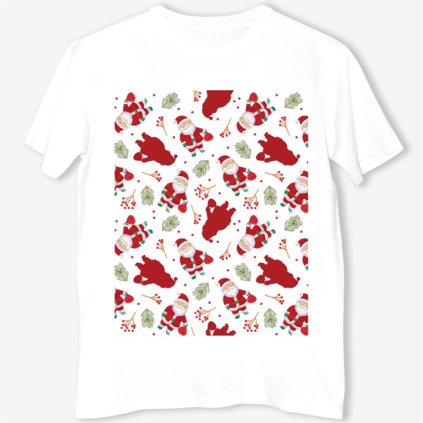 Футболка «Узор с забавным Санта Клаусом, еловыми ветками и ягодами  »