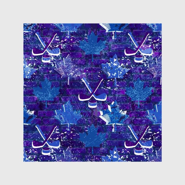 Шторы «ультра синий хоккейный узор с кленовыми листьями, клюшками, шайбами»