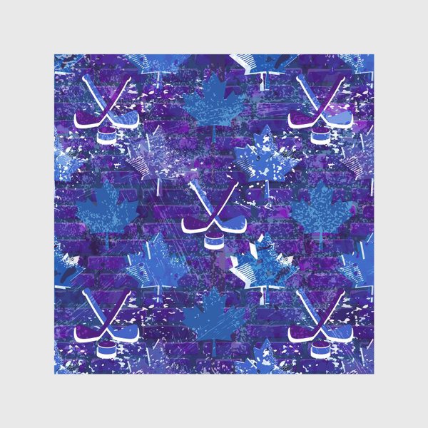 Скатерть «ультра синий хоккейный узор с кленовыми листьями, клюшками, шайбами»
