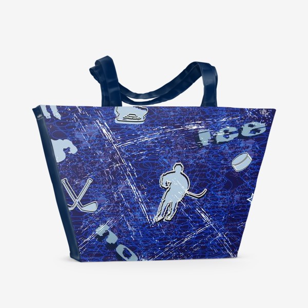 Пляжная сумка «ультра синий хоккейный узор с хоккеистом, коньками, шайбами, клюшками»