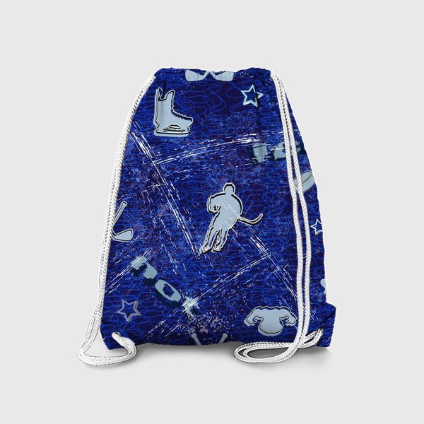 Рюкзак «ультра синий хоккейный узор с хоккеистом, коньками, шайбами, клюшками»