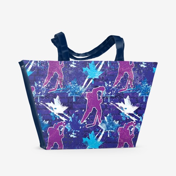 Пляжная сумка «динамичный узор с хоккеистами и кленовыми листьями»