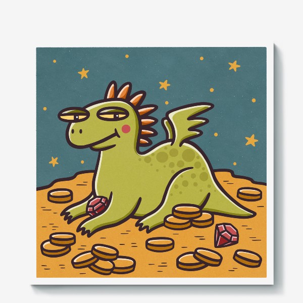 Холст «Забавный зеленый дракон, монеты и драгоценности. Новый год»