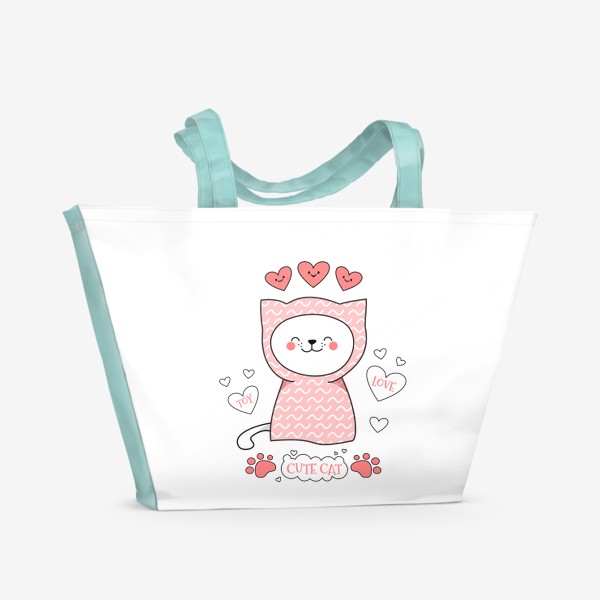 Пляжная сумка «Котик и сердечки»