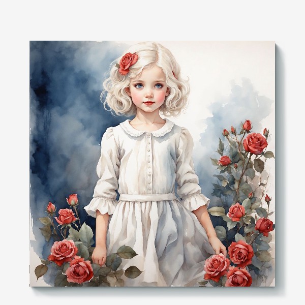 Холст «Милая девочка и розы акварелью »