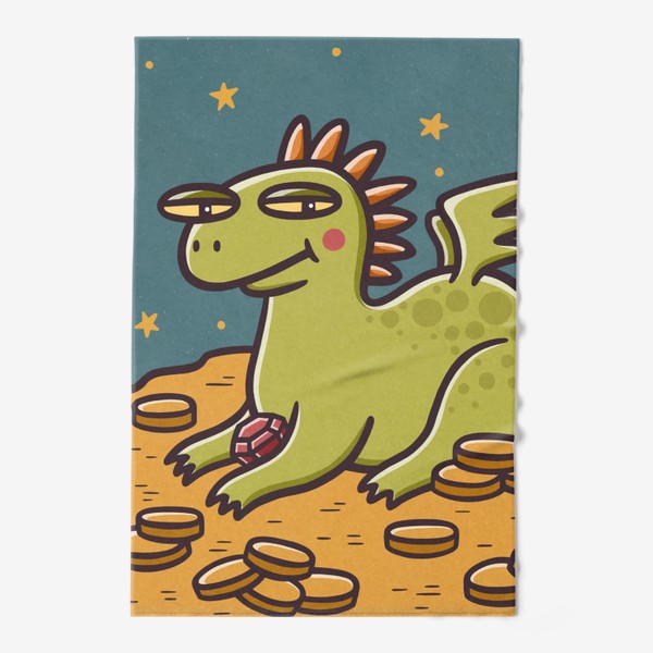 Полотенце «Забавный зеленый дракон, монеты и драгоценности. Новый год»