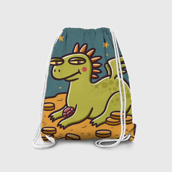 Рюкзак «Забавный зеленый дракон, монеты и драгоценности. Новый год»