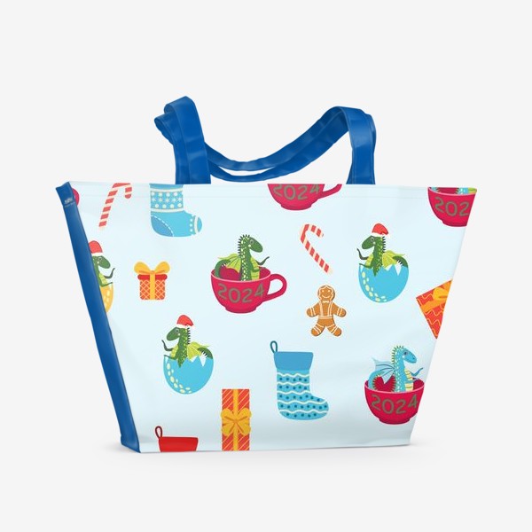 Пляжная сумка «Новогодний паттерн с драконами в чашках и сладостями»