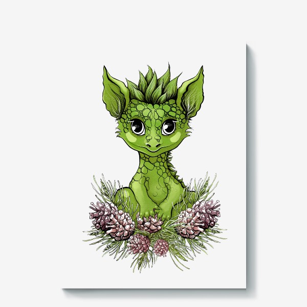 Холст «Зелёный дракончик в сосновых шишках»